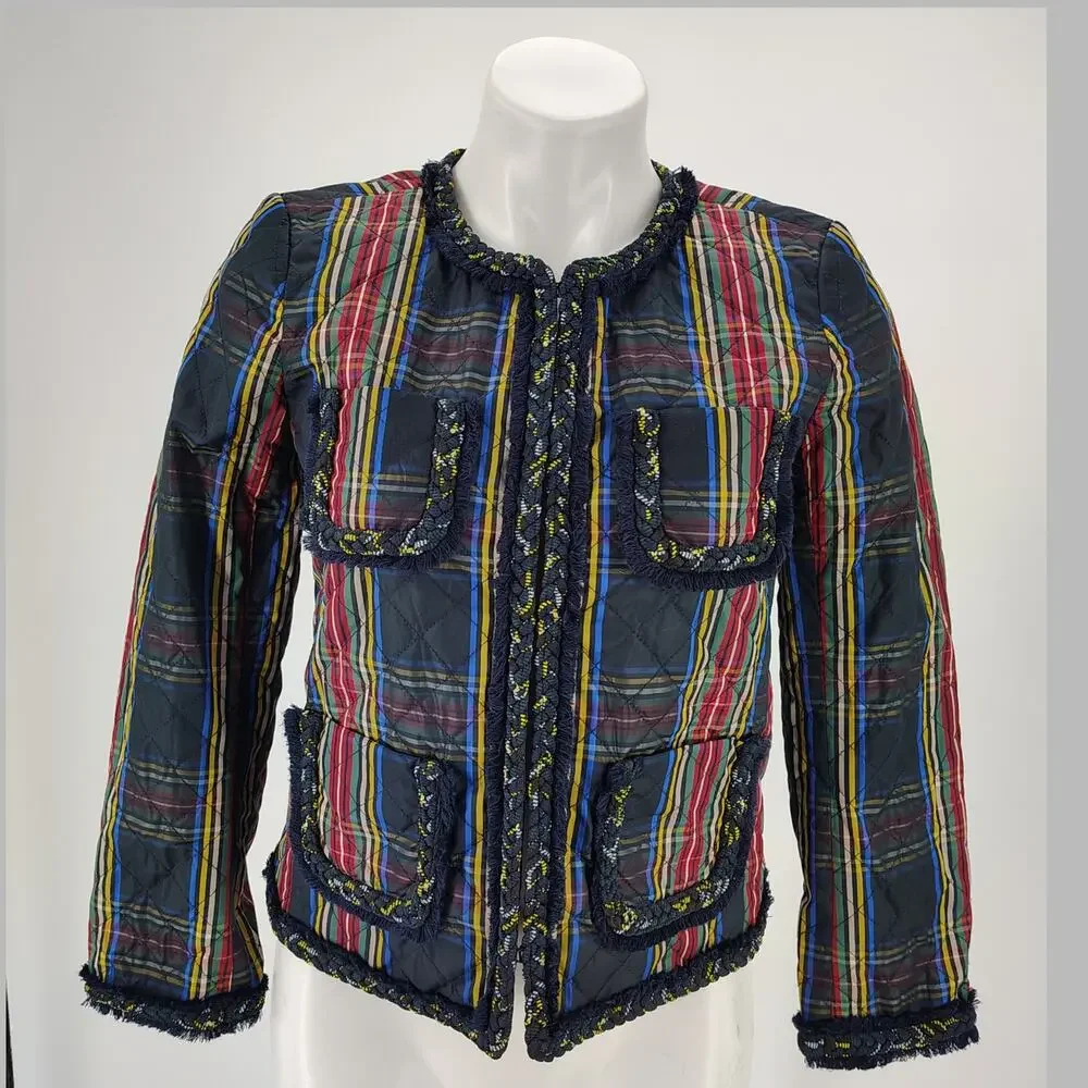 J.Crew Quilted Lady Jacket Stewart Plaid Braided Trim Collarless Size 2